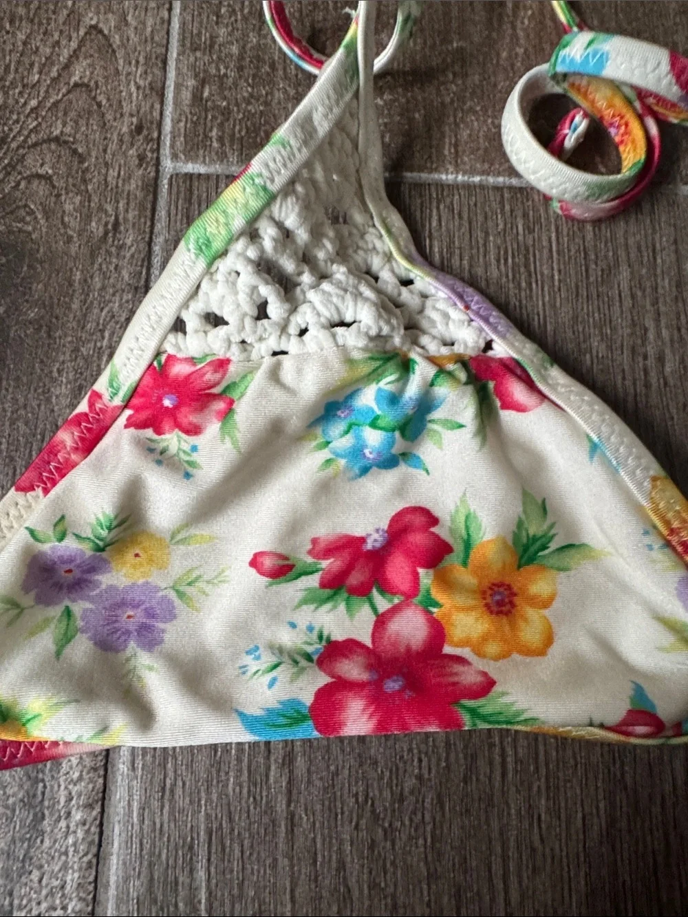 Frankie's Bikinis Cream Floral Crochet-Trim Triangle Bikini